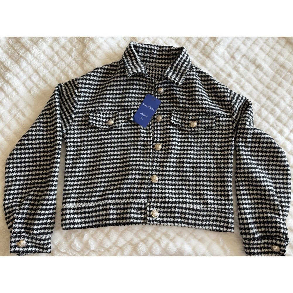 Women's Vintage Houndstooth Plaid Button Down Tweed Cropped Shacket Jacket